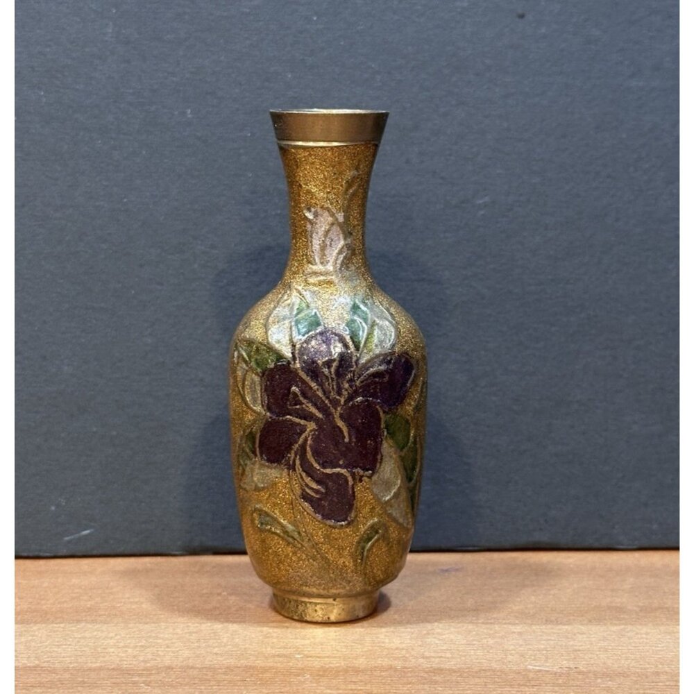 Vintage Miniature Cloisonné Enamel Brass Bud Vase 4” Floral Asian Decor